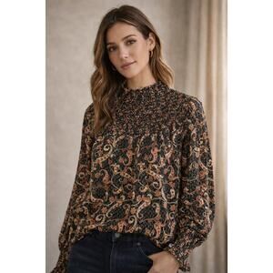 THML Smocked Mock Turtleneck Long Sleeve Paisley Boho Blouse Top sz XS